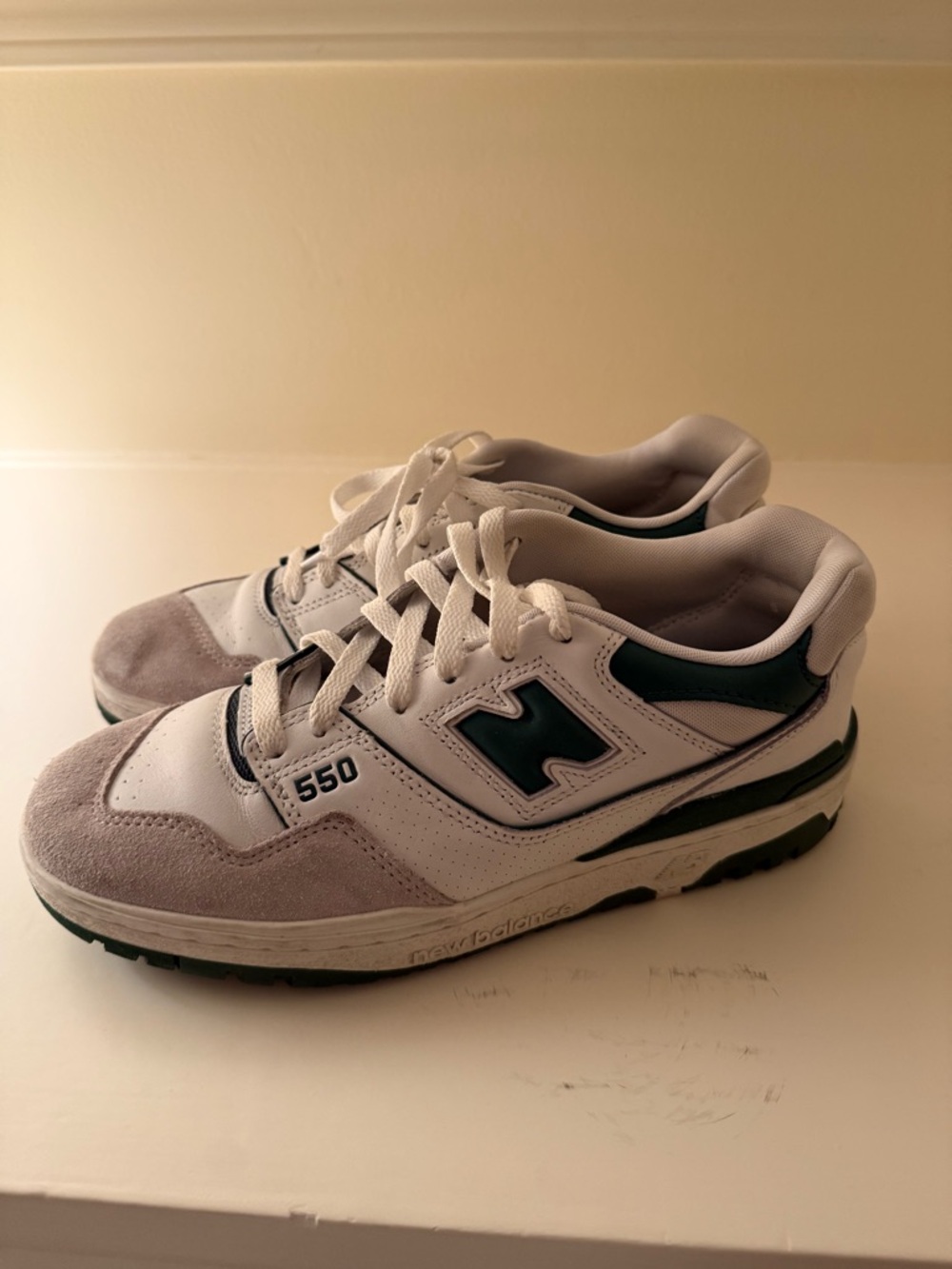 New Balance 550 White with Dark Green Accents (Men’s 8.5= Women’s 10